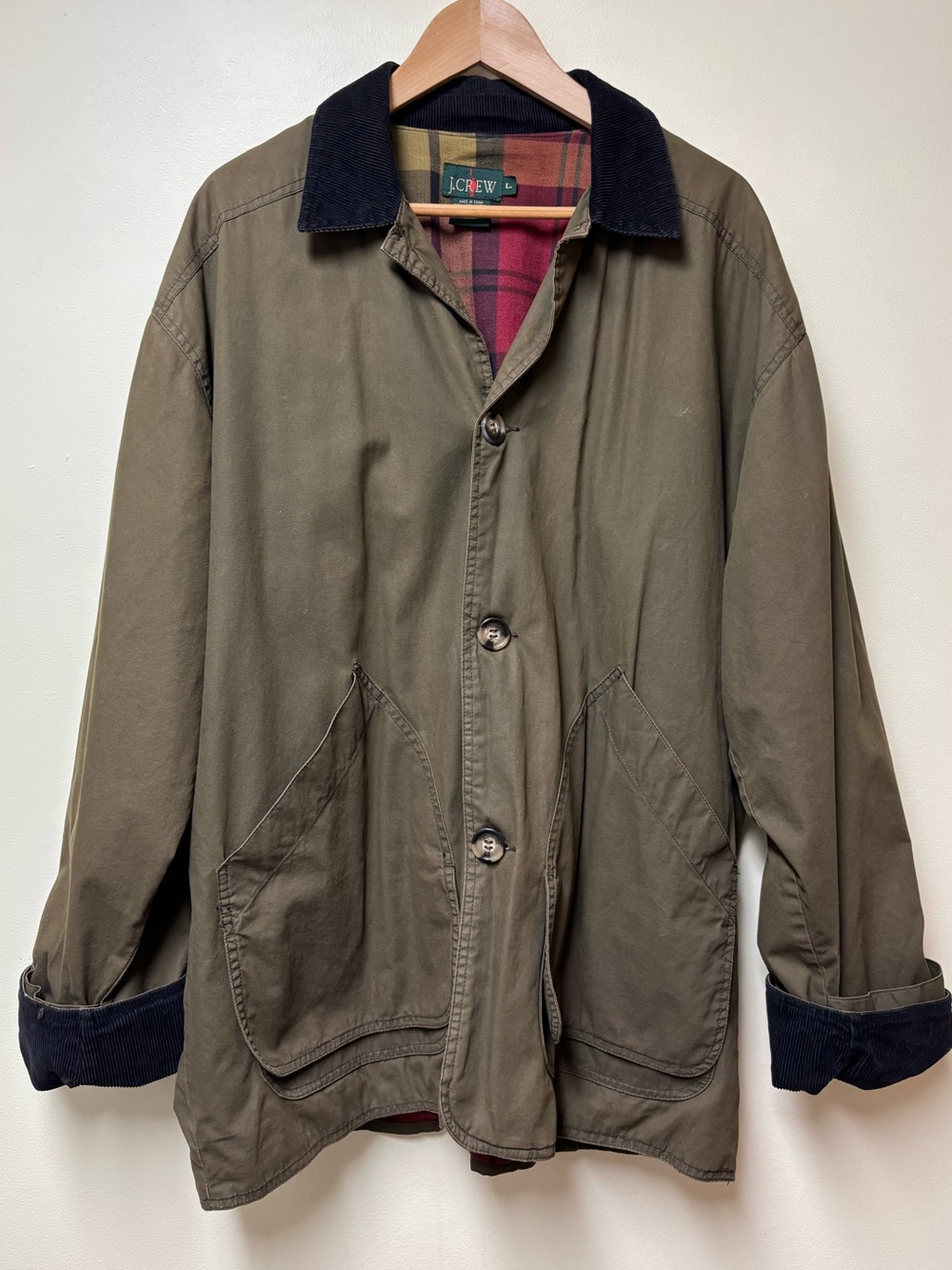 J CREW Vintage 90’s OARSMAN Green Barn Chore Coat Corduroy Collar & Cuffs Large